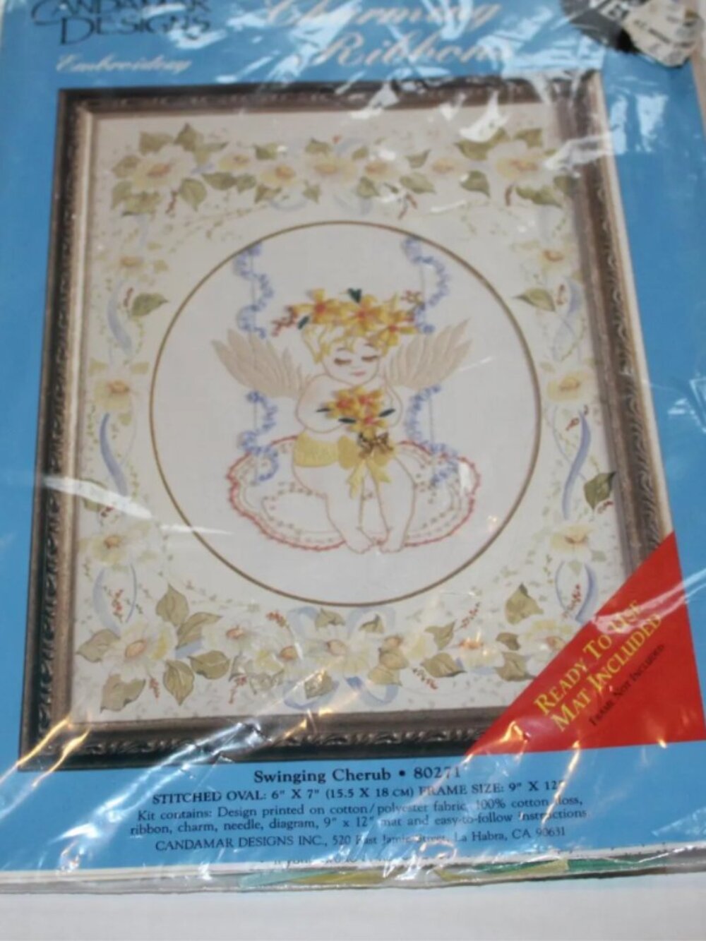 Swinging Cherub Embroidery Kit #80271 Charming Ribbons Needlecraft Craft Supply